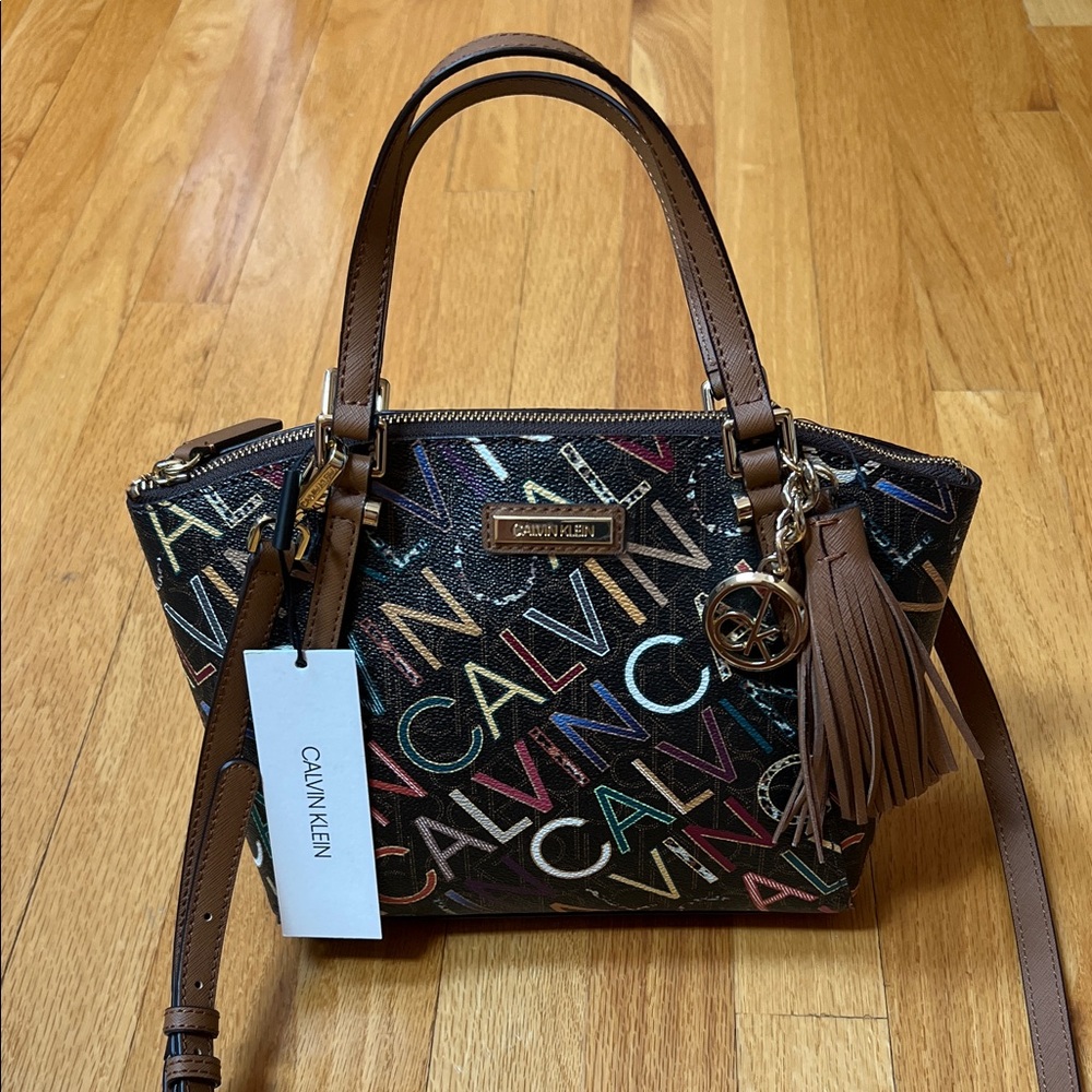 Calvin Klein Colorful Logo Satchel with Brown Trim
